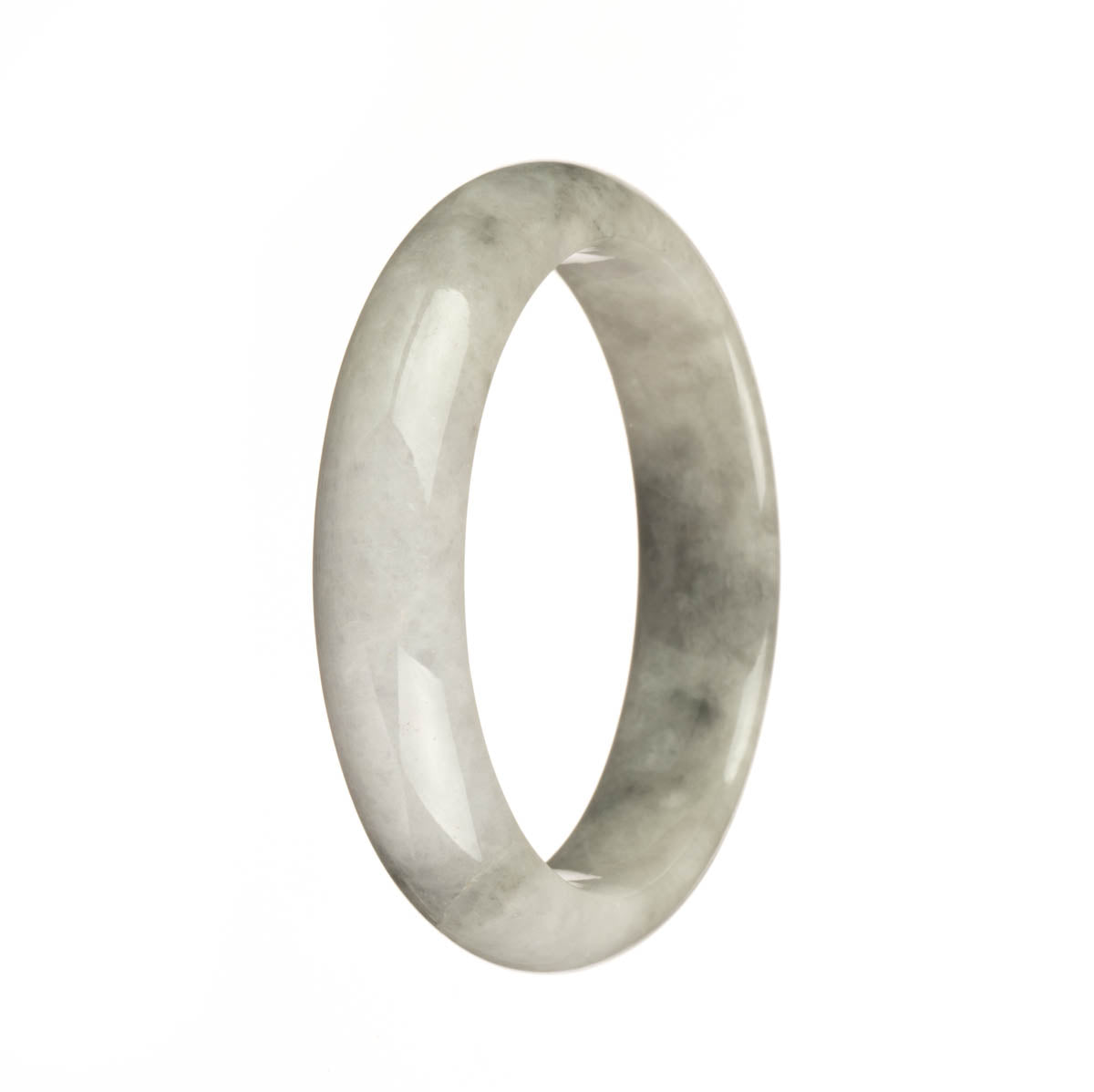 A close-up photo of a beautiful jadeite jade bangle bracelet with a white base color and a subtle grey pattern. The bangle is in the shape of a half moon and has a diameter of 55mm. This high-quality bracelet is from the MAYS™ collection.