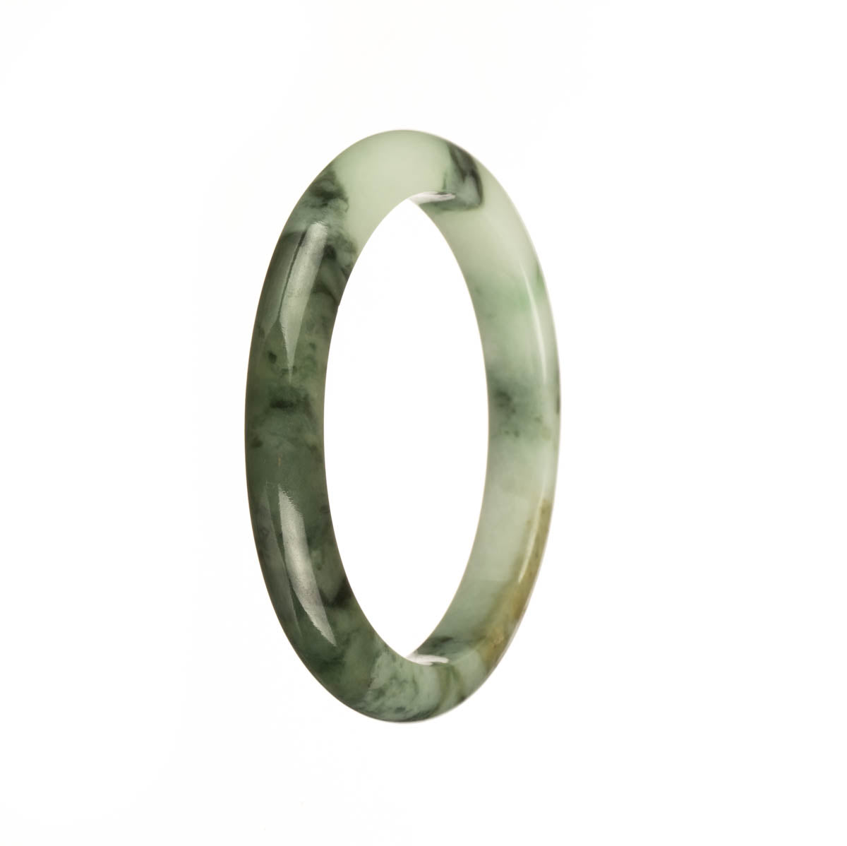 An elegant Burmese jade bracelet with a unique green pattern, featuring a 53mm half moon design.