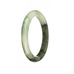 A close-up view of a traditional jade bangle with a white and green color scheme, adorned with a green pattern and a half-moon shape measuring 53mm.