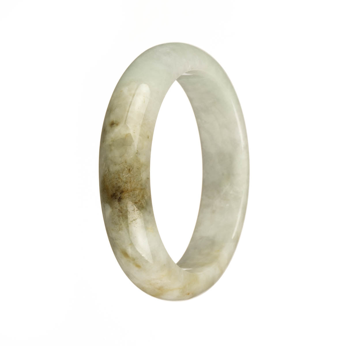 Genuine Grade A White with Olive Green Pattern Burma Jade Bangle Bracelet - 55mm Half Moon