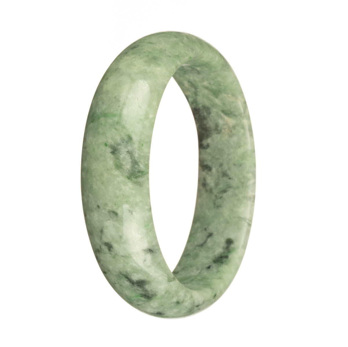 A half moon-shaped jade bracelet in a vibrant green color with a dark green pattern and apple green spots.