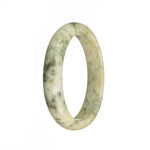 A close-up image of a Real Grade A White with Dark Green Patterns Burma Jade Bangle. The bangle is in the shape of a half moon and measures 56mm in diameter. It features a stunning combination of white and dark green patterns on the surface. This exquisite piece of jewelry is from the brand MAYS™.