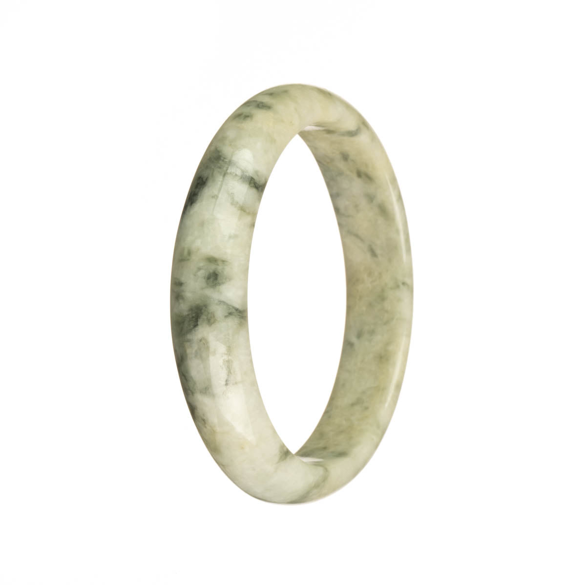A stunning Burmese Jade bangle bracelet with white color and dark green patterns, featuring an authentic Grade A quality. The bracelet has a 56mm size and a unique half moon shape. Perfect for adding a touch of elegance to any outfit.