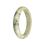 A stunning Burmese Jade bangle bracelet with white color and dark green patterns, featuring an authentic Grade A quality. The bracelet has a 56mm size and a unique half moon shape. Perfect for adding a touch of elegance to any outfit.