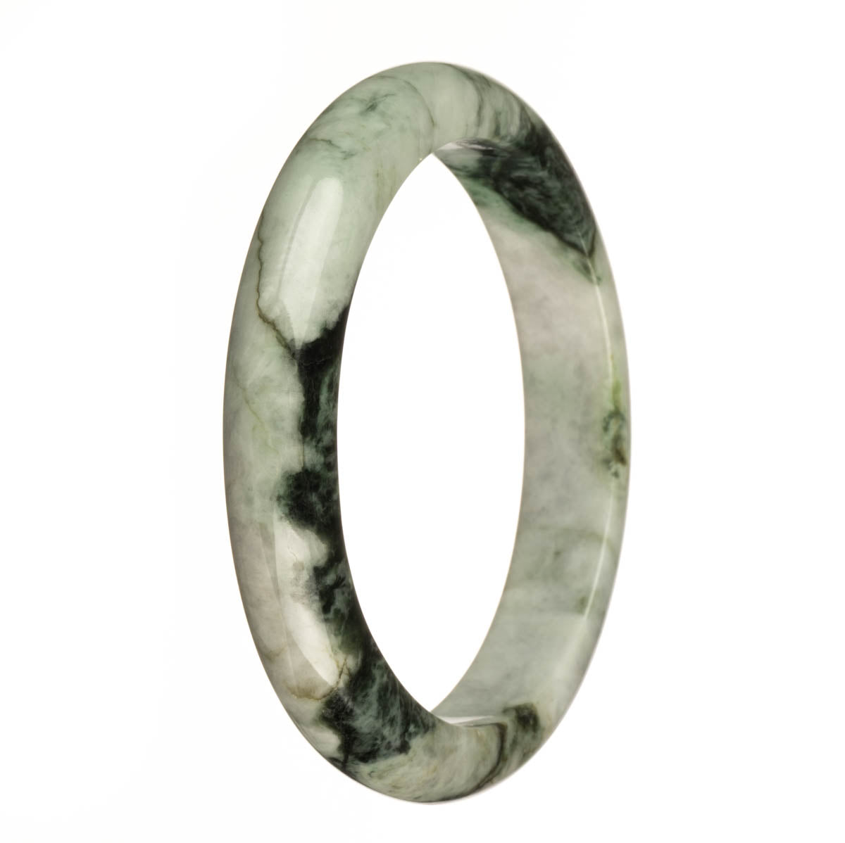 Genuine Natural Green and White with Dark Green Patterns and Apple Green Spots Burmese Jade Bangle - 67mm Semi Round