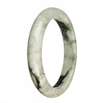 A stunning Burmese jade bangle with beautiful green and white colors, featuring dark green patterns and apple green spots. Diameter is 67mm, and the shape is semi-round. Perfect for adding a touch of elegance to any outfit.