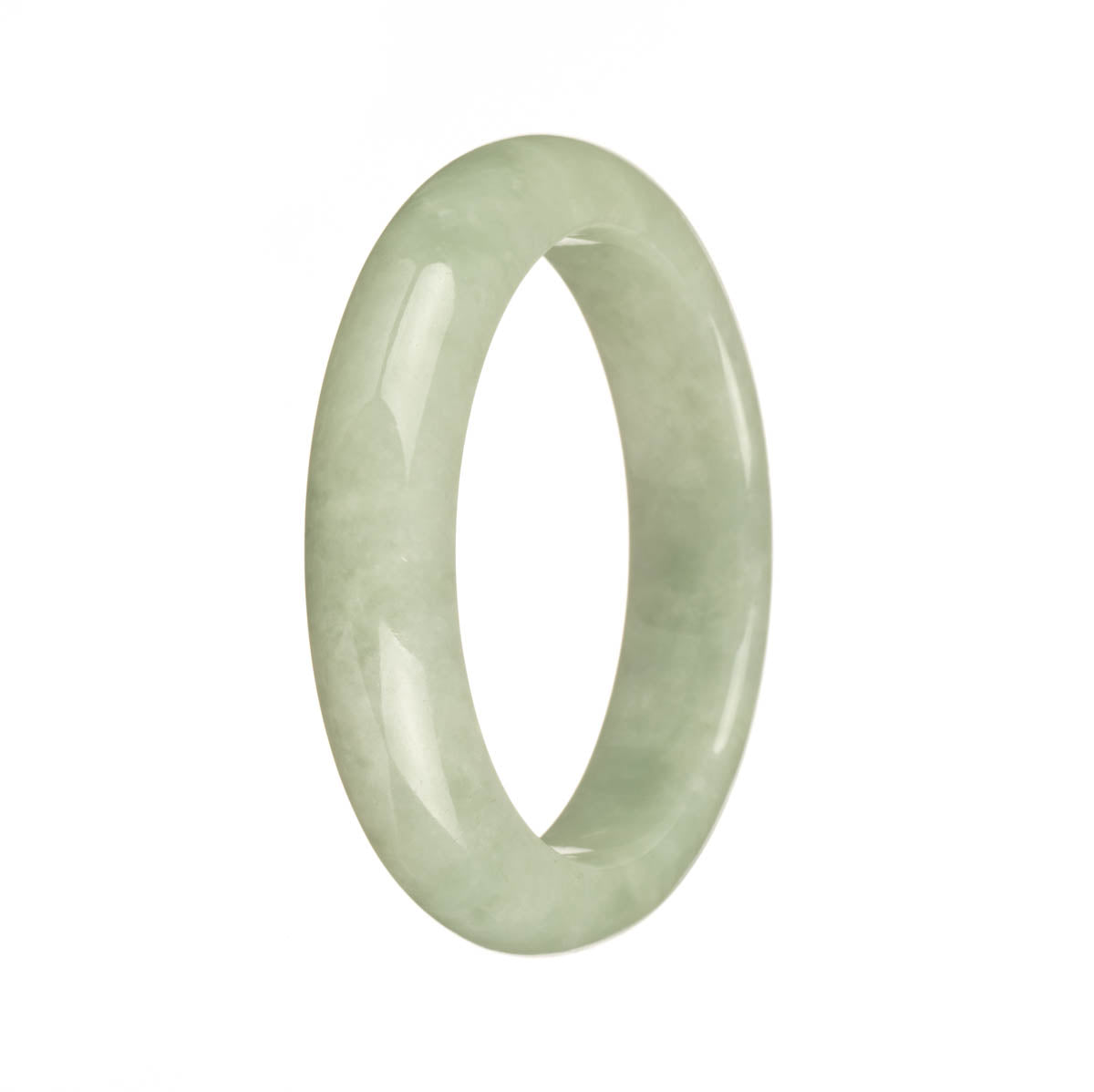 A close-up photo of a light green jadeite jade bracelet in the shape of a half moon. The jade is untreated and certified, showcasing its natural beauty. The bracelet measures 55mm in diameter and is offered by MAYS.