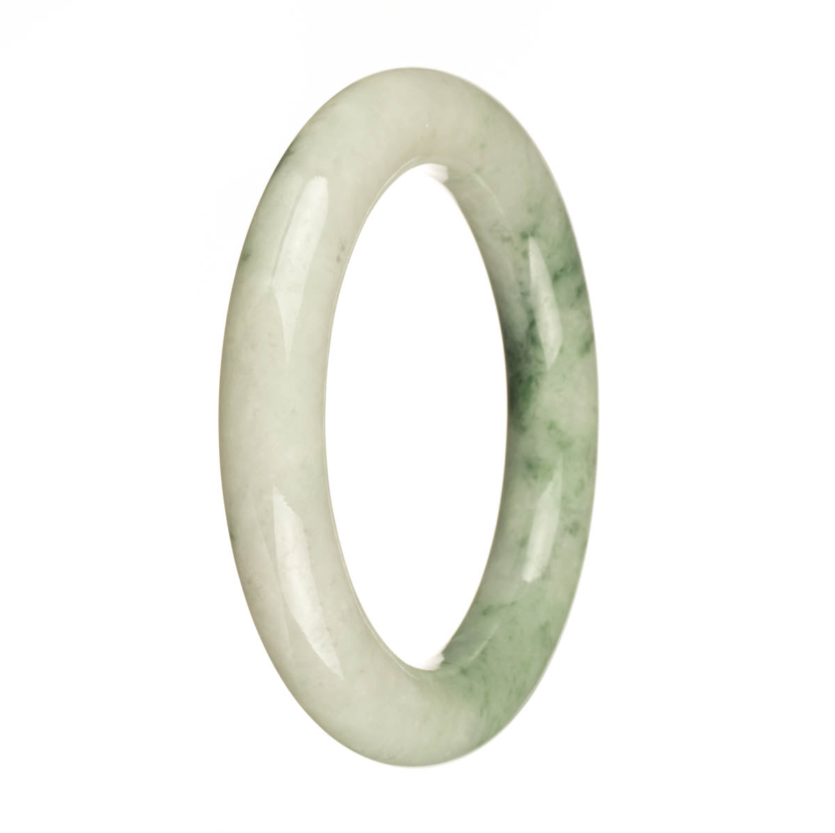 A close-up photo of a round jade bangle bracelet with a white base color and a green pattern. The bracelet has a smooth and polished surface, with a diameter of 57mm. It is a genuine Type A jade, known for its quality and authenticity. The bangle is sold by MAYS GEMS.