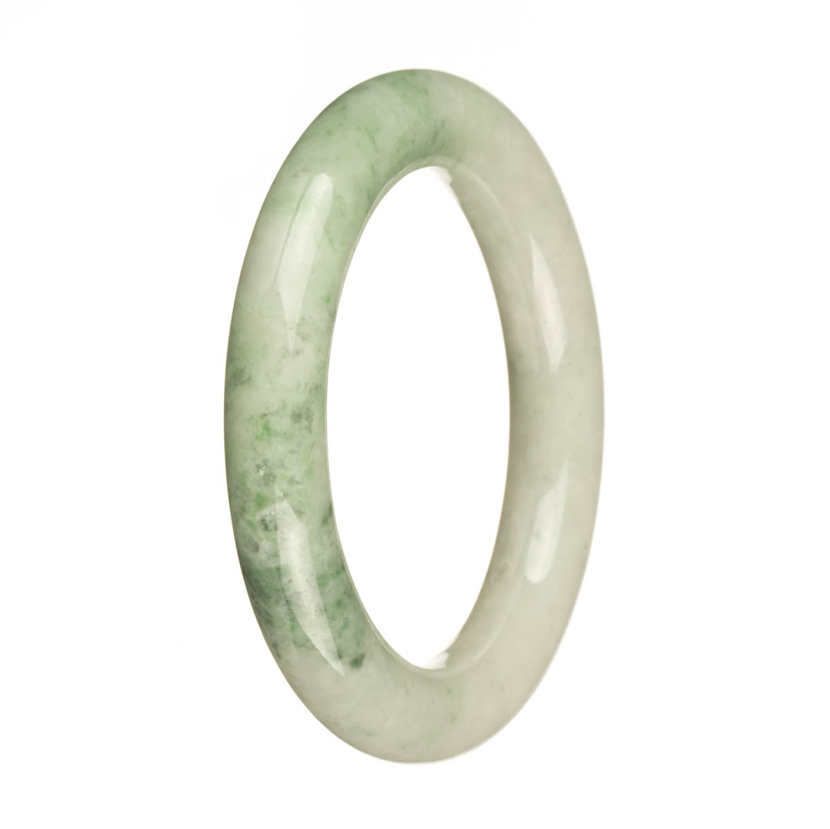 A round jade bracelet with a natural white color and a green pattern, showcasing traditional authenticity. This bracelet is 57mm in size and is offered by MAYS GEMS.