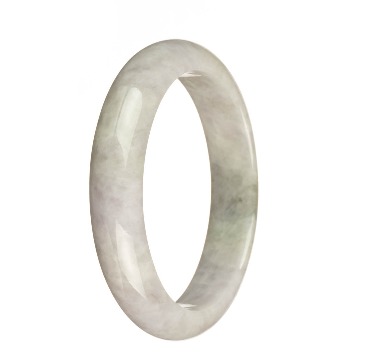 A beautiful traditional jade bangle in lavender and olive green colors, certified Grade A. The bangle is in a 62mm half moon shape and is made by MAYS.