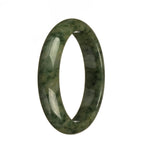 A close-up image of a beautiful olive green and green patterned jadeite jade bracelet. The bracelet is in a half-moon shape and measures 58mm in diameter. The intricate patterns on the jadeite jade are mesmerizing.