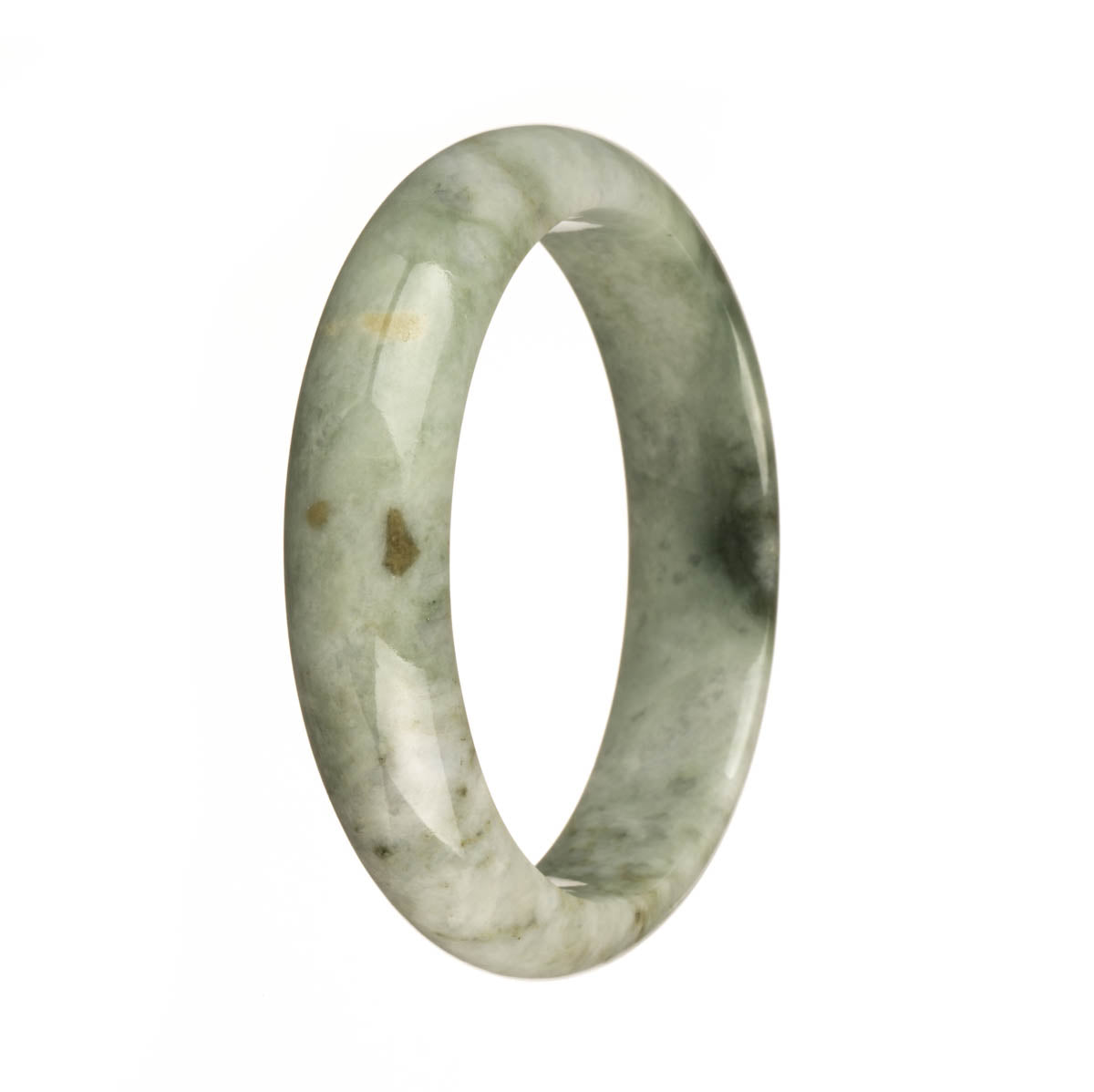 A close-up photo of an authentic Grade A grey jadeite bangle with dark green patterns and brown patches. The bangle is shaped like a half moon and measures 59mm in diameter. It is being sold by MAYS GEMS.