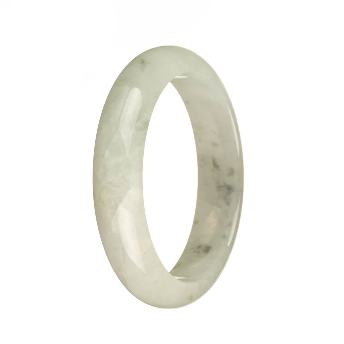 A beautiful half moon-shaped Burma Jade bracelet with a genuine natural icy white color and delicate grey specks throughout.