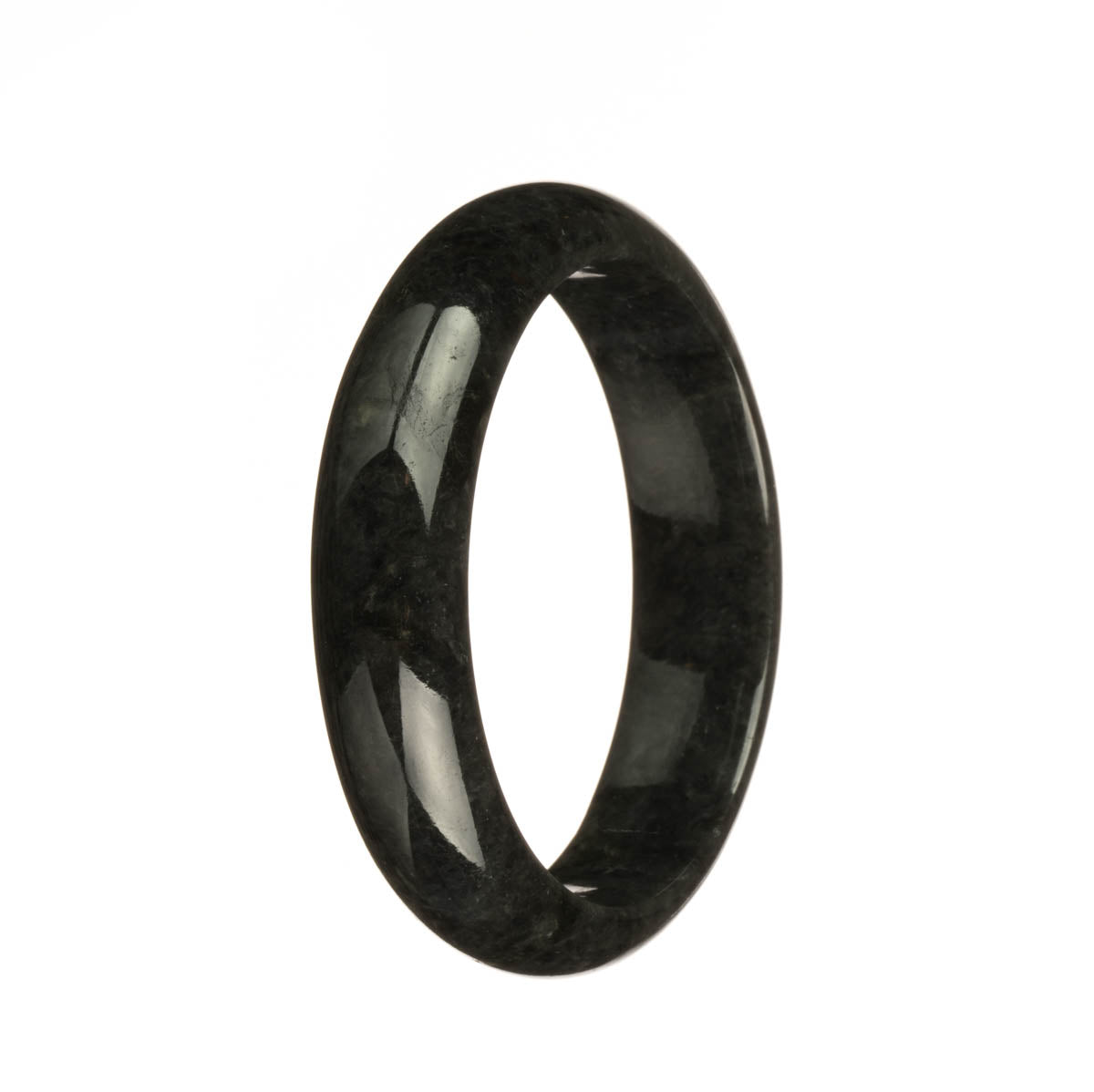 A close-up image of a black traditional jade bracelet with a half-moon shape, measuring 55mm in size. The bracelet is made of genuine Type A black jade and is designed by MAYS™.