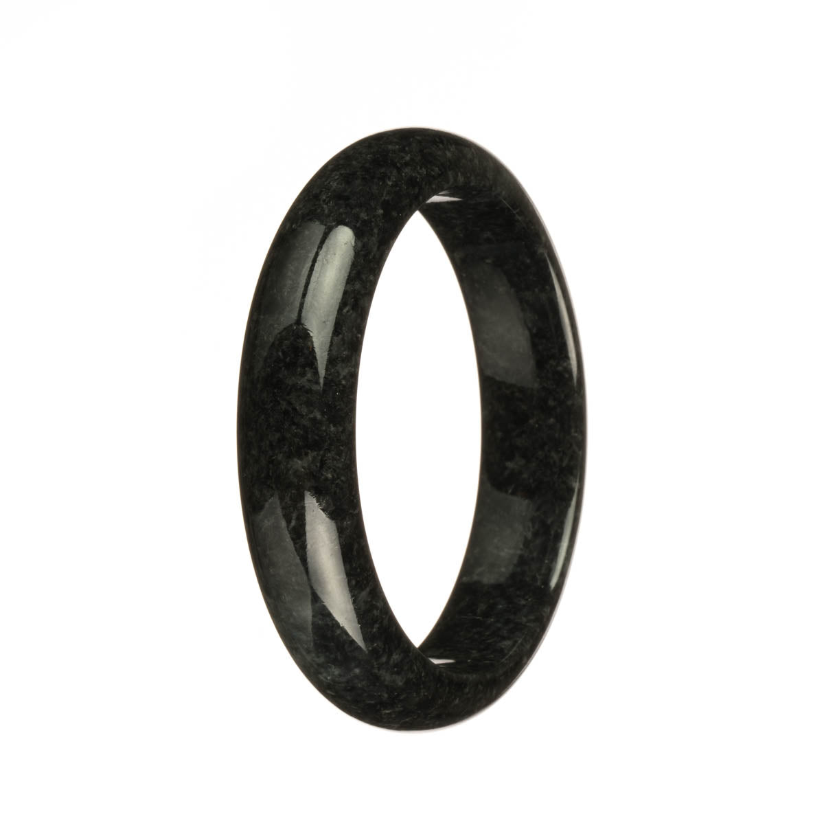 A sleek and elegant black jadeite bangle bracelet with a half-moon design, measuring 55mm in diameter. Crafted from genuine Grade A jadeite, this bracelet from MAYS is a timeless and sophisticated accessory.