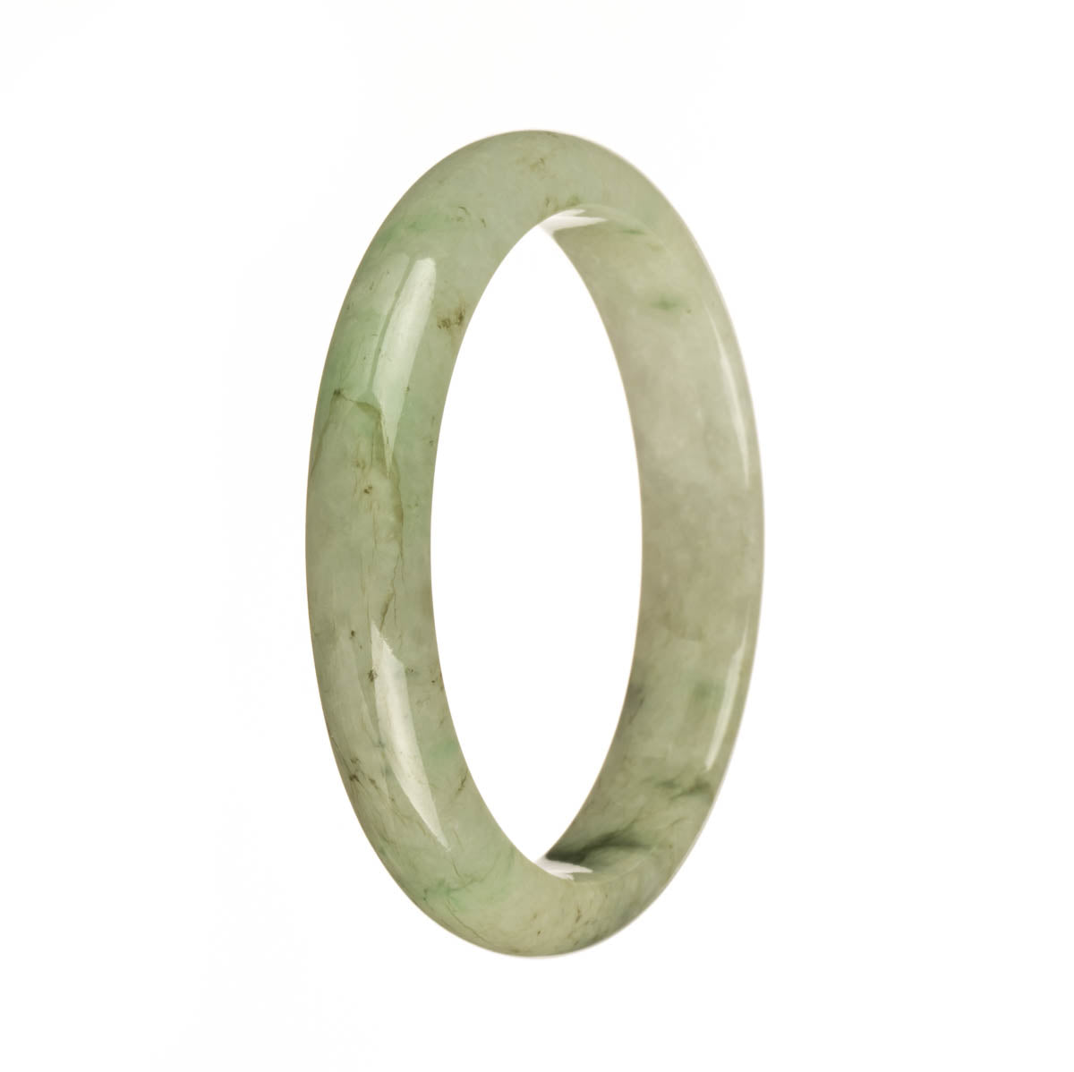Certified Natural White with Apple Green and Dark Green Patterns Burmese Jade Bangle - 59mm Half Moon