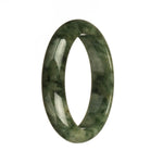 A close-up photo of a dark green jadeite bangle bracelet with a half moon pattern.