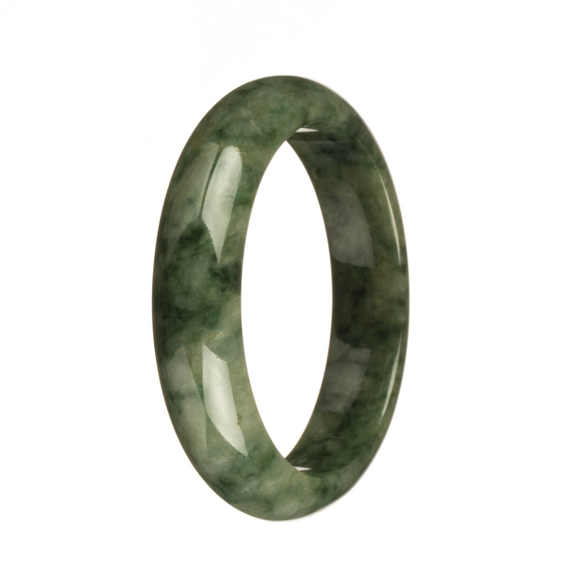 A dark green patterned Burma Jade bracelet with a half moon design, made from genuine Grade A jade.