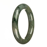 A petite round dark green jadeite jade bangle bracelet with apple green patterns.