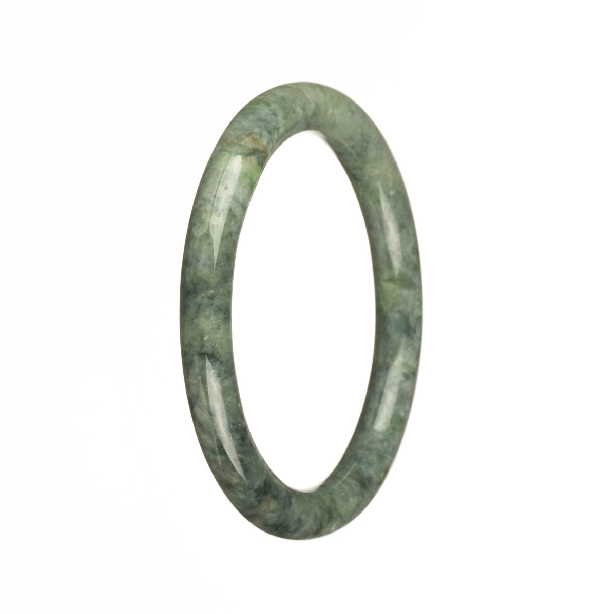 A small round Burmese jade bangle bracelet with a genuine grade A greyish green and apple green pattern.
