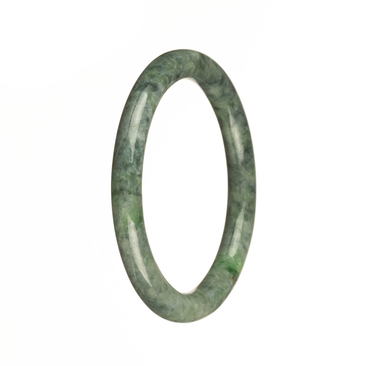 A beautiful and delicate round Burma Jade bracelet featuring authentic Grade A Greyish Green and Apple Green patterns. The bracelet measures 55mm and is crafted by MAYS.