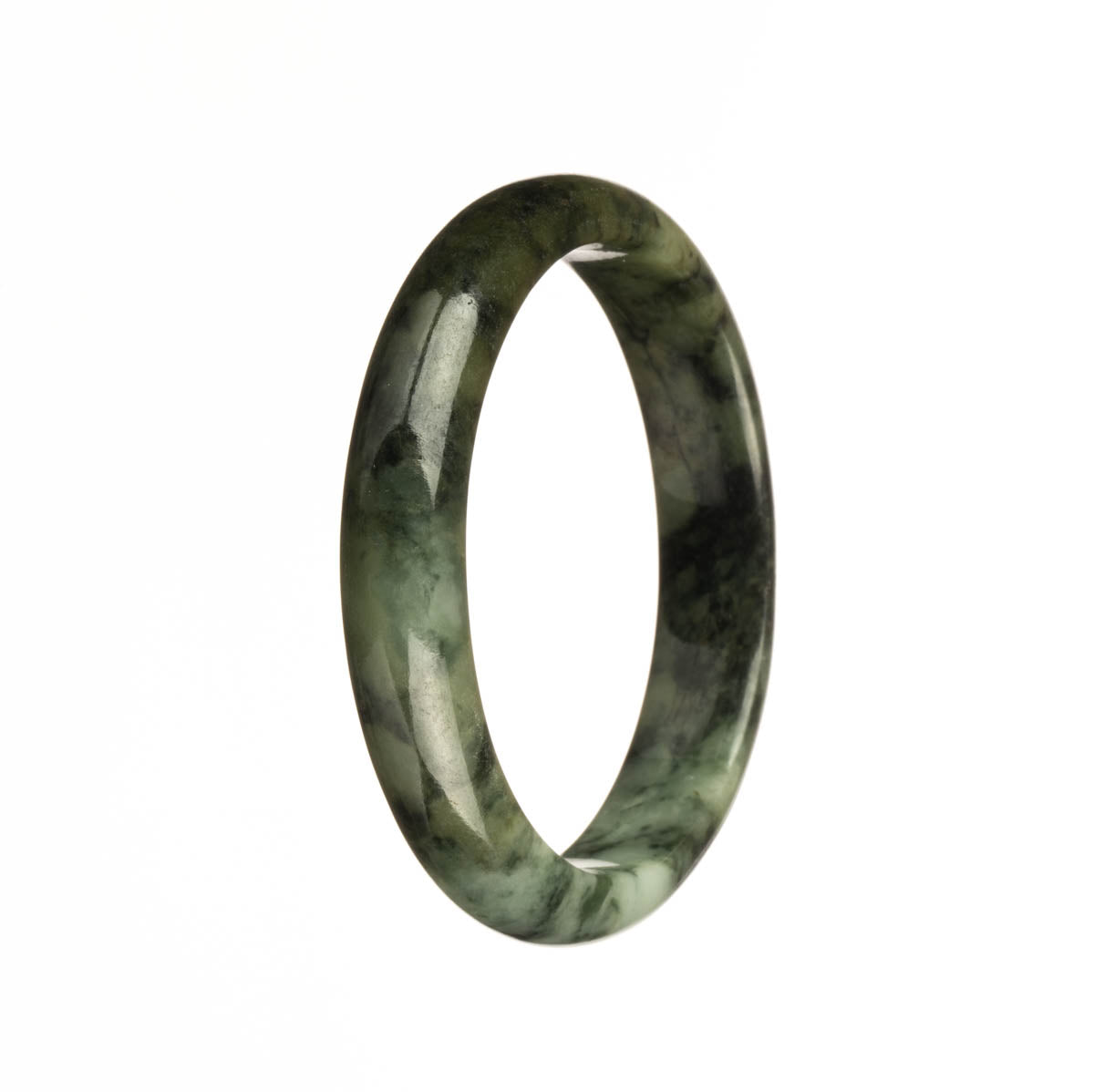 Genuine Grade A Dark Green Pattern Traditional Jade Bracelet - 55mm Half Moon