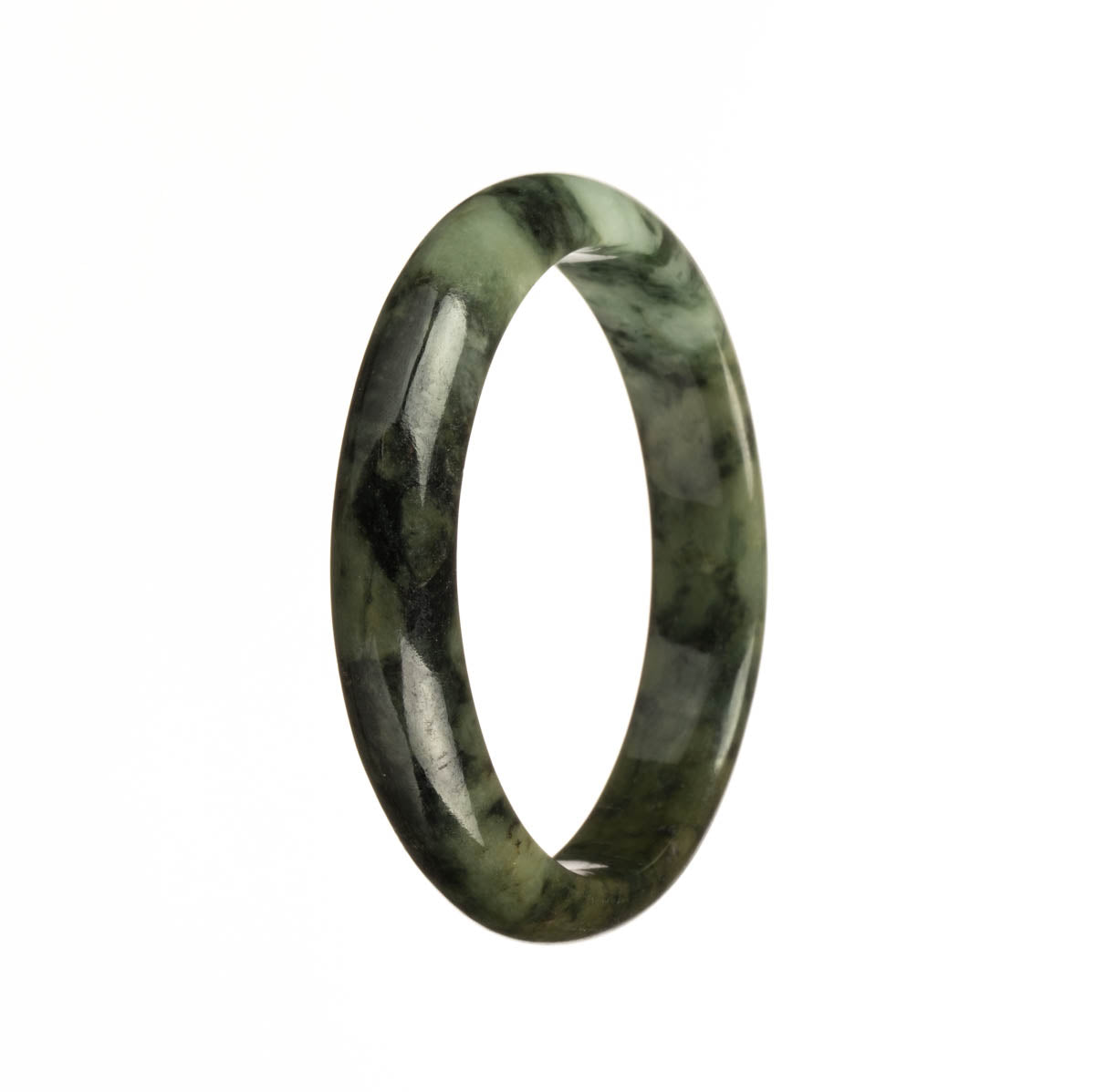 A dark green traditional jade bracelet with a half moon pattern, made from genuine Grade A jade.