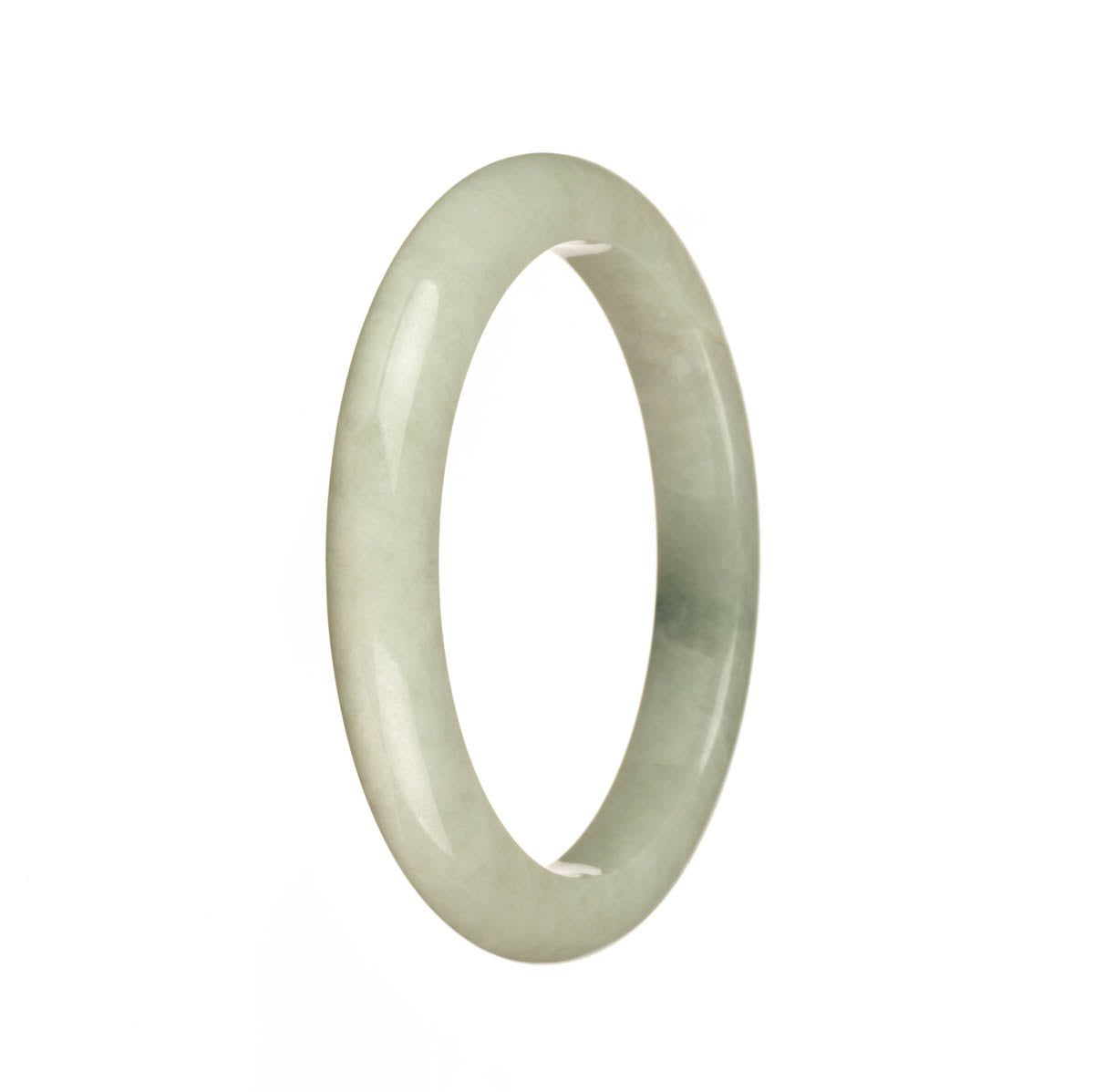 A close-up image of a jade bangle with a white base color and green patterns. The bangle has a semi-round shape and measures 55mm in diameter. This authentic piece is made of natural, high-quality jadeite jade.