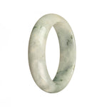 A close-up image of a certified Type A white and lavender jade bangle. The bangle features intricate green patterns and has a half moon shape.