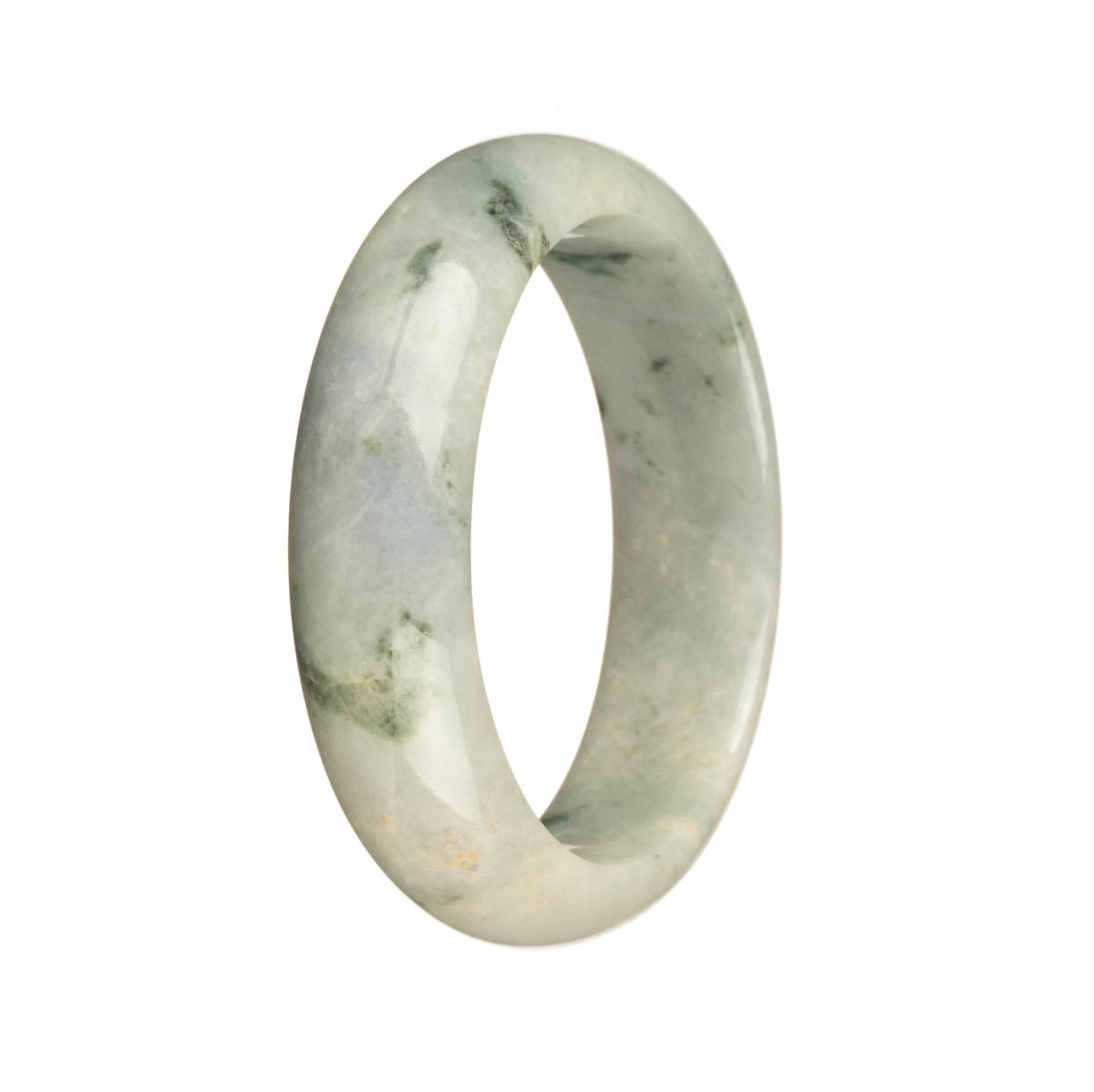 A close-up image of a white and lavender jade bangle bracelet with intricate green patterns. The bracelet is in the shape of a half moon and measures 55mm in diameter.