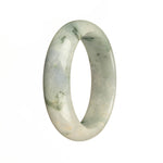 A close-up image of a white and lavender jade bangle bracelet with intricate green patterns. The bracelet is in the shape of a half moon and measures 55mm in diameter.