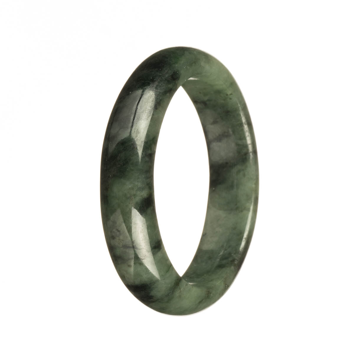 A close-up image of an authentic Type A Green Jade Bangle Bracelet with dark green patterns. The bracelet is a traditional style and has a 57mm diameter in a half moon shape. This piece is from the MAYS collection.