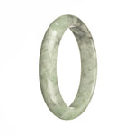 A close-up image of an exquisite jade bangle bracelet with green and grey patterns. The bracelet is made of Grade A authentic jadeite jade and features a 59mm half moon shape. Perfect for adding a touch of elegance to any outfit.