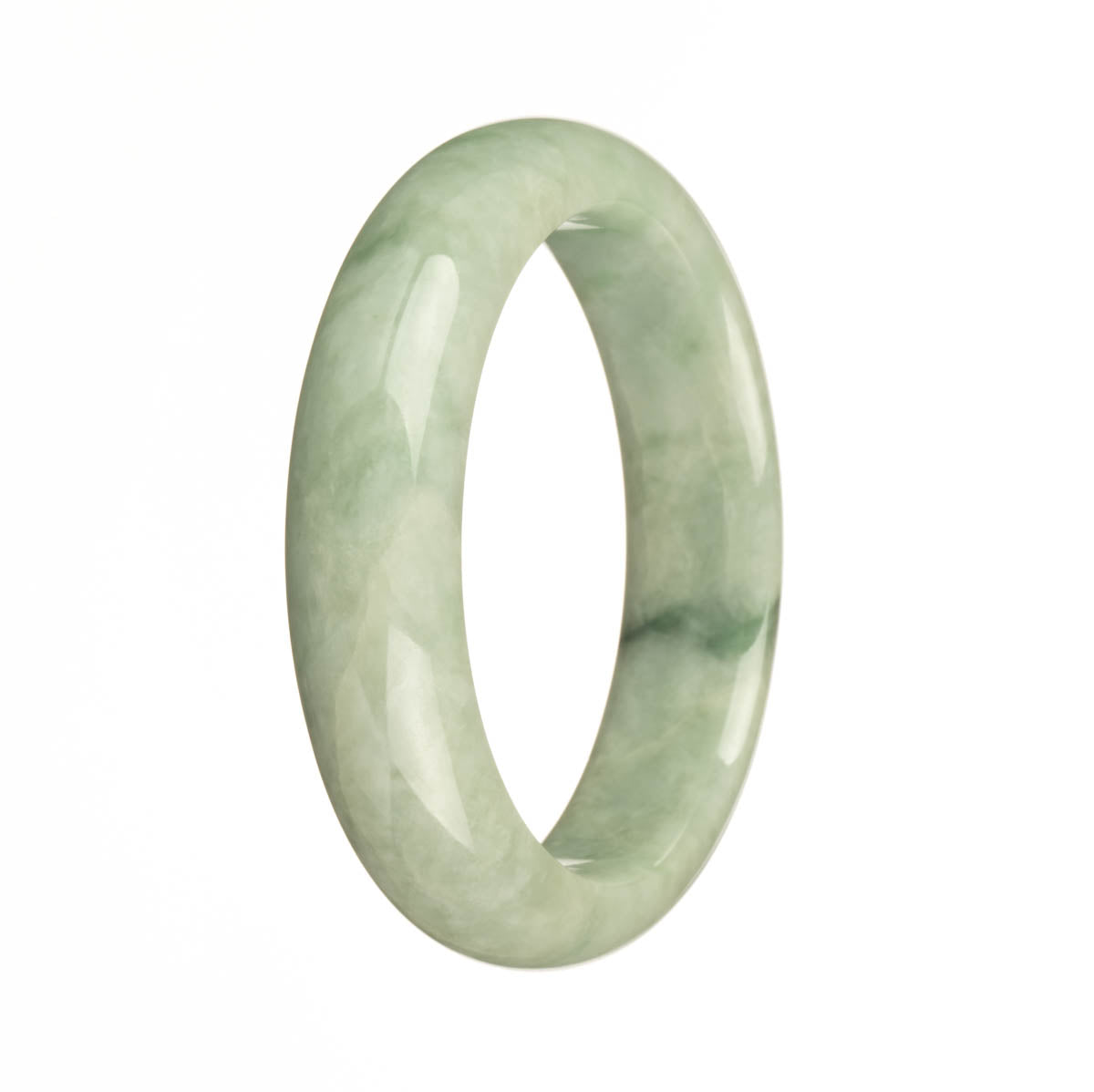 A half moon-shaped jade bangle, untreated and in a vibrant green color. It is authentically crafted and measures 57mm in diameter. Perfect for those looking for a traditional and distinctive piece of jewelry.