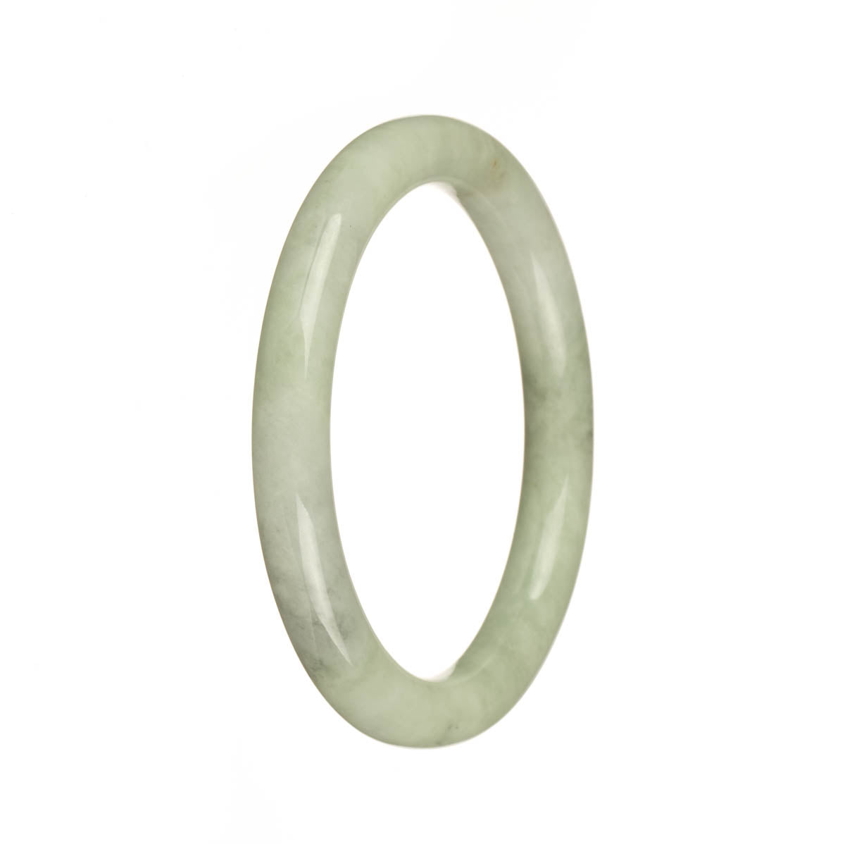A bracelet made of light green Burma jade, with a round shape and a petite size of 56mm. The jade is certified as Grade A quality. The bracelet is created by MAYS.