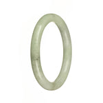 Close-up image of a light green traditional jade bangle with a petite round shape, measuring 56mm in diameter. The bangle has a smooth and polished surface, showcasing its genuine Grade A quality. Perfect for adding a touch of elegance to any outfit.