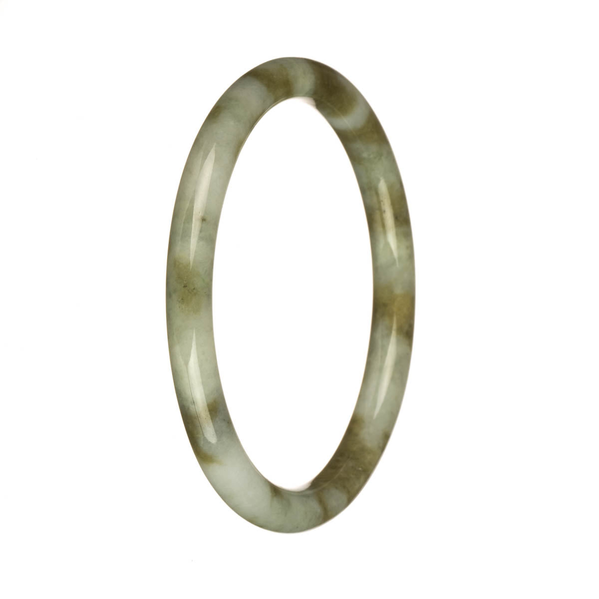 A close-up photo of a genuine Burma jade bangle bracelet with grey and olive green patterns. The bracelet is round and petite, measuring 61mm in diameter. It is a beautiful piece of jewelry from MAYS GEMS.