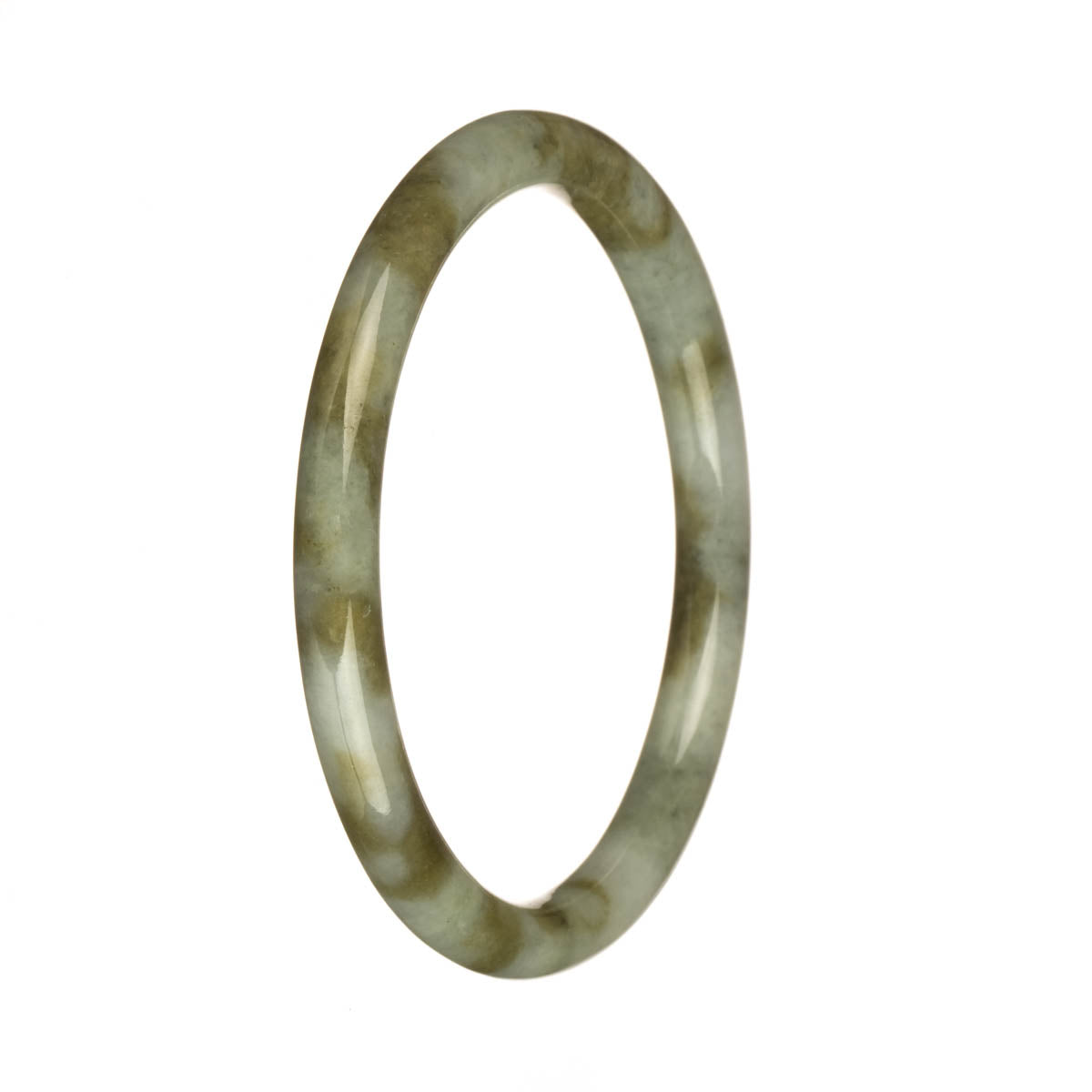 A small round jade bangle with a beautiful grey color and olive green patterns.