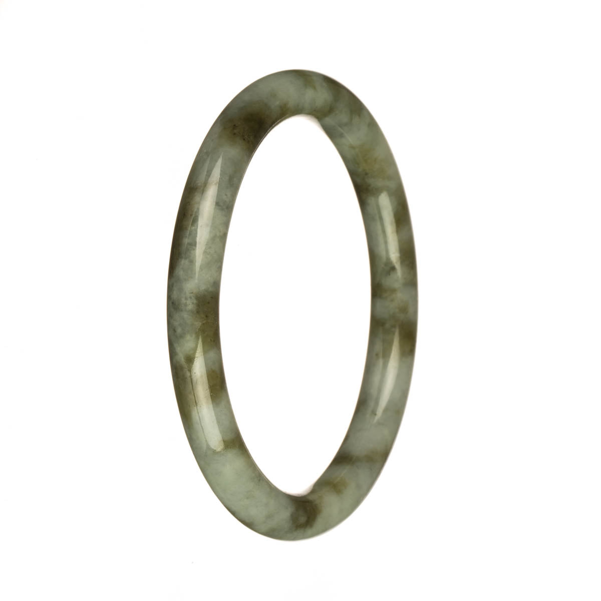 A small, round jadeite bangle with untreated grey color and beautiful olive green patterns.