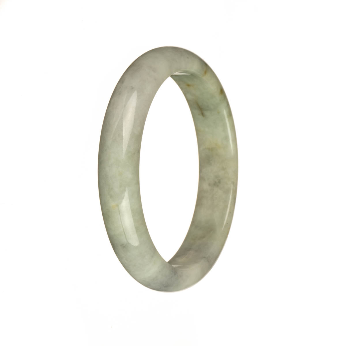 A close-up photo of a jade bangle bracelet with a light grey color and olive green and brown patterns. The bracelet is in a half-moon shape and has a diameter of 53mm. This genuine jadeite jade bracelet is untreated and sourced from MAYS GEMS.