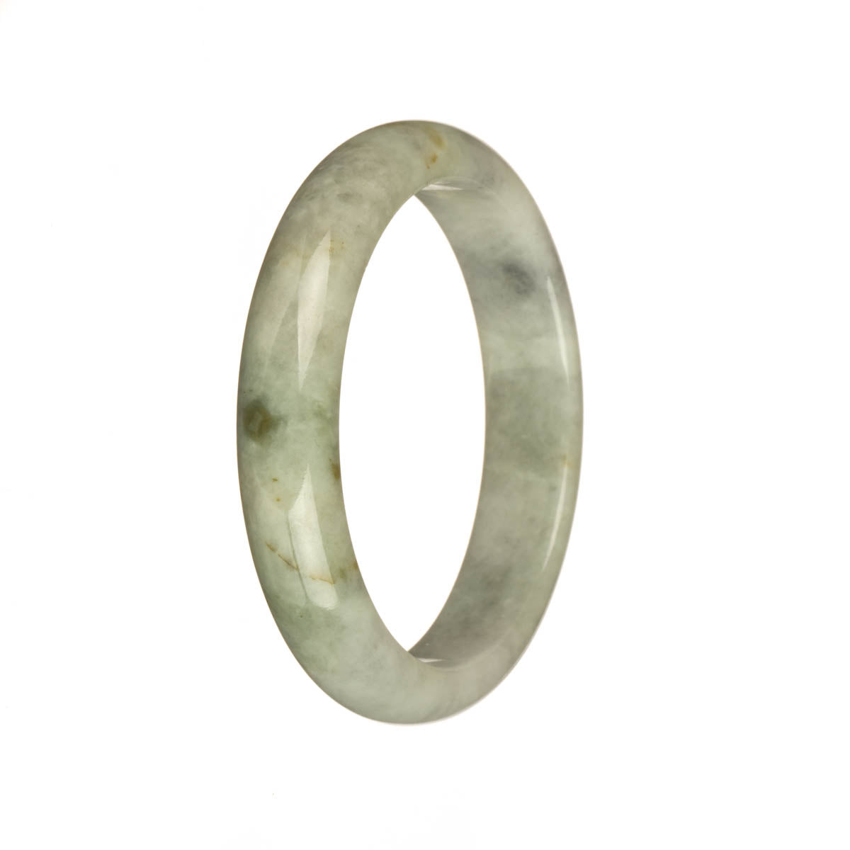A beautiful jadeite jade bangle bracelet in a half moon shape. The bracelet features natural light grey tones with olive green and brown patterns. Perfect for adding a touch of elegance to any outfit.