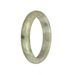 A beautiful jadeite jade bangle bracelet in a half moon shape. The bracelet features natural light grey tones with olive green and brown patterns. Perfect for adding a touch of elegance to any outfit.