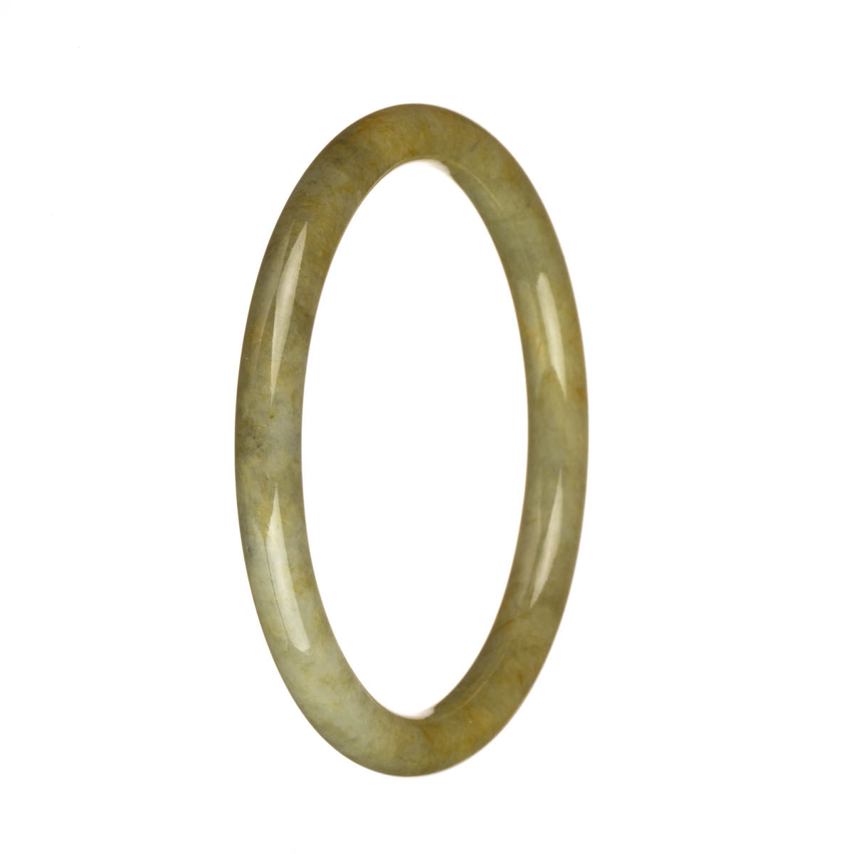 A delicate round bangle bracelet made of real untreated light grey and yellow jade, measuring 61mm in size. Perfect for adding a touch of elegance to any outfit.