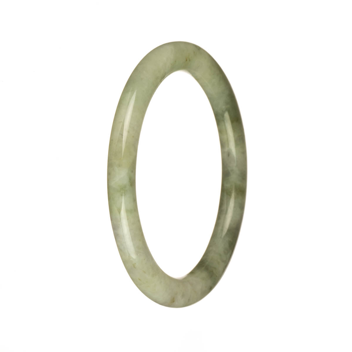 A beautiful light grey and pale green jade bangle with olive green patterns, in a petite round shape, perfect for adding a touch of elegance to any outfit.