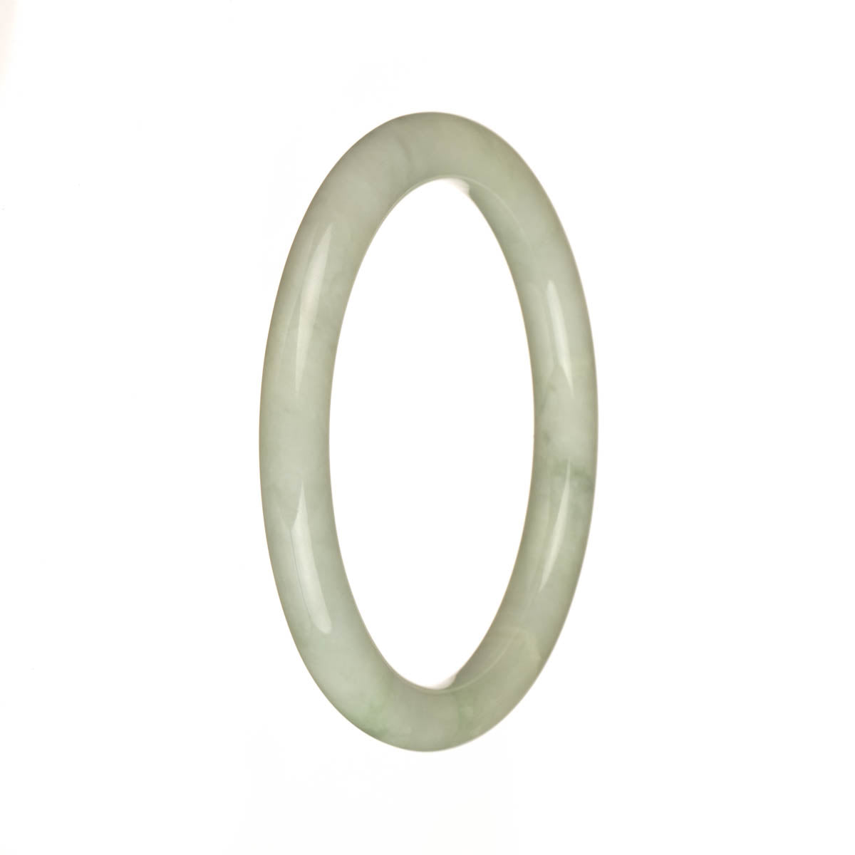 A close-up photo of a small, round jadeite bangle bracelet in a greyish white color with light green patterns. The bracelet is made of genuine Type A jadeite and measures 56mm in size. It is a beautiful accessory offered by MAYS GEMS.