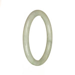A close-up photo of a small, round jadeite bangle bracelet in a greyish white color with light green patterns. The bracelet is made of genuine Type A jadeite and measures 56mm in size. It is a beautiful accessory offered by MAYS GEMS.