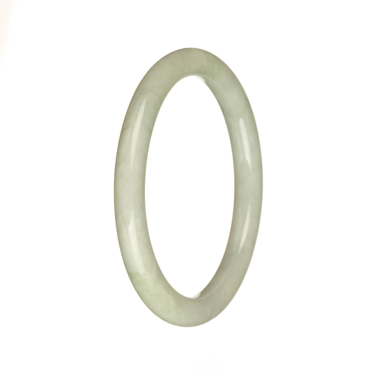 A round jade bangle bracelet with greyish white and light green patterns.