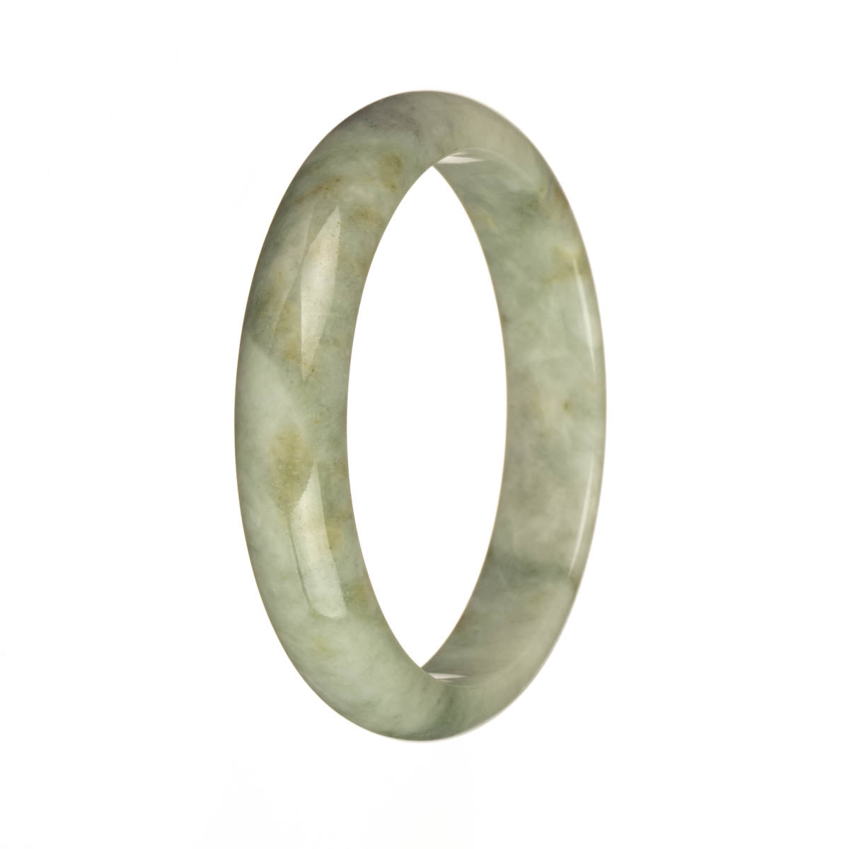 A close-up photo of an elegant jade bangle bracelet. The bracelet is made of authentic Grade A light grey Burmese jade, featuring intricate grey and brown patterns. The bracelet has a unique half-moon shape, measuring 59mm in diameter. Crafted by MAYS™, this bracelet is a stunning piece of jewelry.
