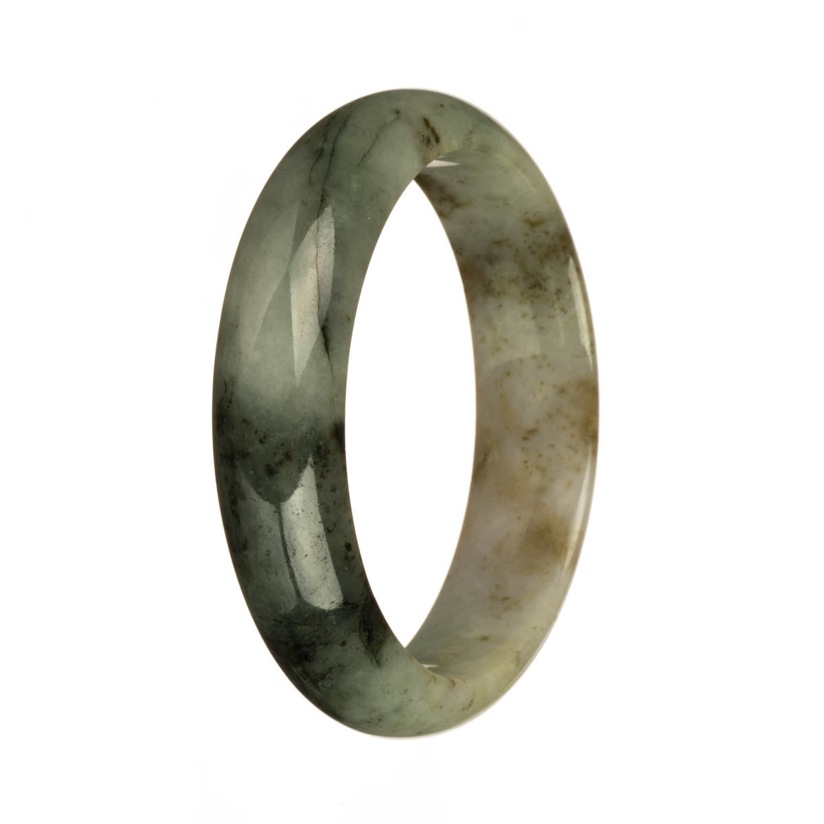 A stunning jadeite jade bangle bracelet with a half moon shape, showcasing beautiful white and grey tones with intricate deep green and brown patterns.