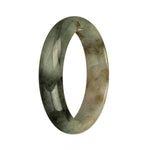 A stunning jadeite jade bangle bracelet with a half moon shape, showcasing beautiful white and grey tones with intricate deep green and brown patterns.
